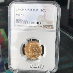 Australian 1899-P Perth Mint Gold Sovereign Coin Graded NGC UNC MS61