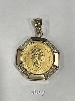 Australian Nugget 1 OZ Coin Pendant for Necklace in Bezel with Diamonds