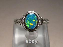 Bright Australian Opal and Diamond Ring 14k white Gold