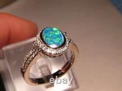 Bright Australian Opal and Diamond Ring 14k white Gold
