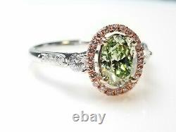 GIA 1.45ct Natural Argyle 7p Fancy Green & Pink Diamond Engagement Ring 18K Oval