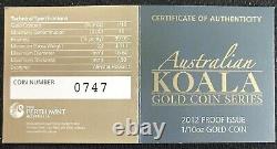 LOOK GOLD! Proof 2012 Aussie 1/10th Oz. 9999 Gold Koala Plus 2 LG Vials Gold