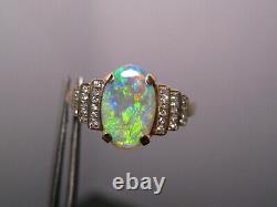 Lightning Ridge Australian Gem Opal & Diamond Ring 14k Yellow Gold Flawless