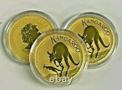 Lot of 3 Gold 2022 Gold 1 oz Australian Kangaroo $100 Coin. 9999 Fine BU Coins