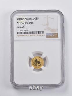 MS68 2018-P Australia $5 Gold Year Of The Dog 1/20 Oz. 999 Fine Gold NGC 2954