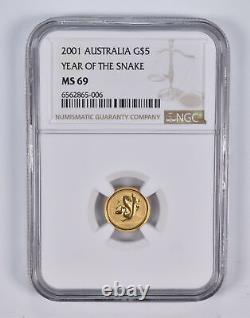 MS69 2001 Australia 5 Dollars Year Of The Snake 1/20 Oz. 999 Fine Gold NGC 2378