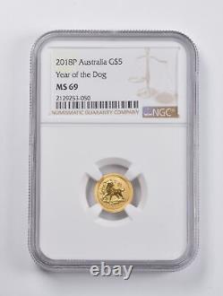 MS69 2018-P Australia $5 Gold Year Of The Dog 1/20 Oz. 999 Fine Gold NGC 2956