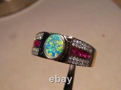 Mens Diamond Ruby & Opal Ring Solid 14 k Yellow Gold 100% Natural