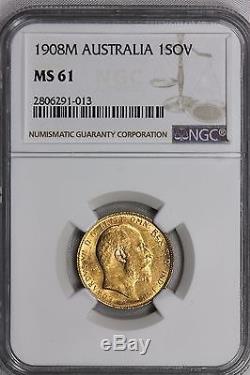 Ngc Ms61 1908-m Gold Sovereign Australia Melbourne Mint (bc13)