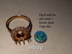 Opal & Diamond Ring 14k Rose Gold, Blue semi black opal
