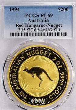 PCGS PL69 1994 Australia Nugget 2 oz 9999 Gold $200 Red Kangaroo FREE SHIPPING