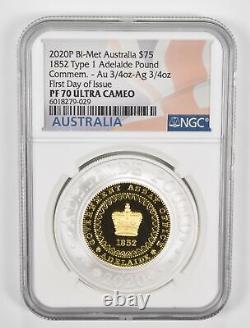 PF70 UCAM 2020-P Australia $75 1852 T1 Adelaide Pound Gold Silver FDOI NGC 1416