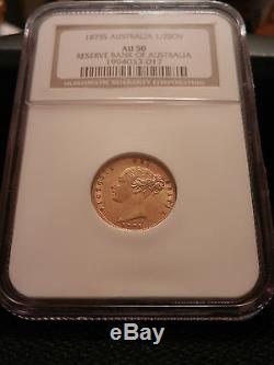 RARE GOLD COIN 1875S Australian Half Sovereign Victoria Young Head AU50 NGC