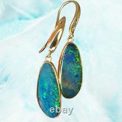 Rainbow Color 100% Australia Doublet Opal Earrings/Dangler 9K Gold 2.43G #10