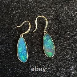 Rainbow Color 100% Australia Doublet Opal Earrings/Dangler 9K Gold 2.43G #10