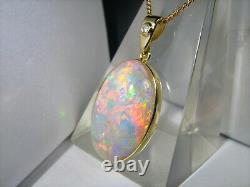 Rainbow FIRE 10ct HiDome Cabochon Solid Australian Opal Diamond 14K gold pendant