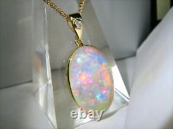 Rainbow FIRE 10ct HiDome Cabochon Solid Australian Opal Diamond 14K gold pendant