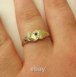 SOLID 9K 9ct SOLID GOLD DOUBLE HEART SAPPHIRE LOVE SIGNET RING Size J/5 to N/7