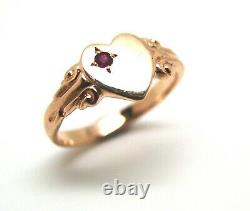 Size I Genuine Solid 9ct Rose Gold Ruby Stone Heart Signet Ring -July Birthstone