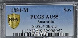 Sovereign 1873-M PCGS AU55 Shield Sov Gold S-3854 Australia Rare Type