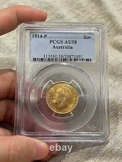 Very RARE King George V 1914 P 22ct Full Gold Sovereign, Perth Mint, PCGS AU58